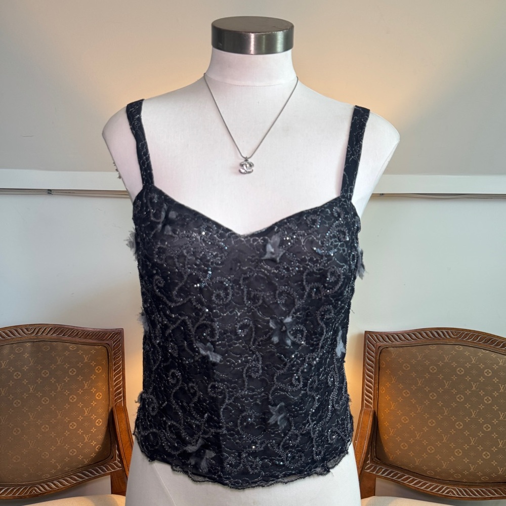 Vintage 90s 00s Black Lace Gothic Fairy Grunge Embellished Cami Tank Top